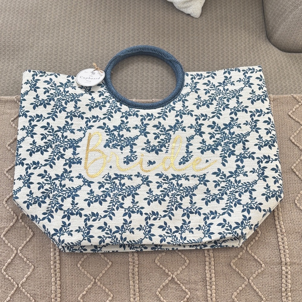 BRIDE Elegant Blue and Gold Embroidered Tote